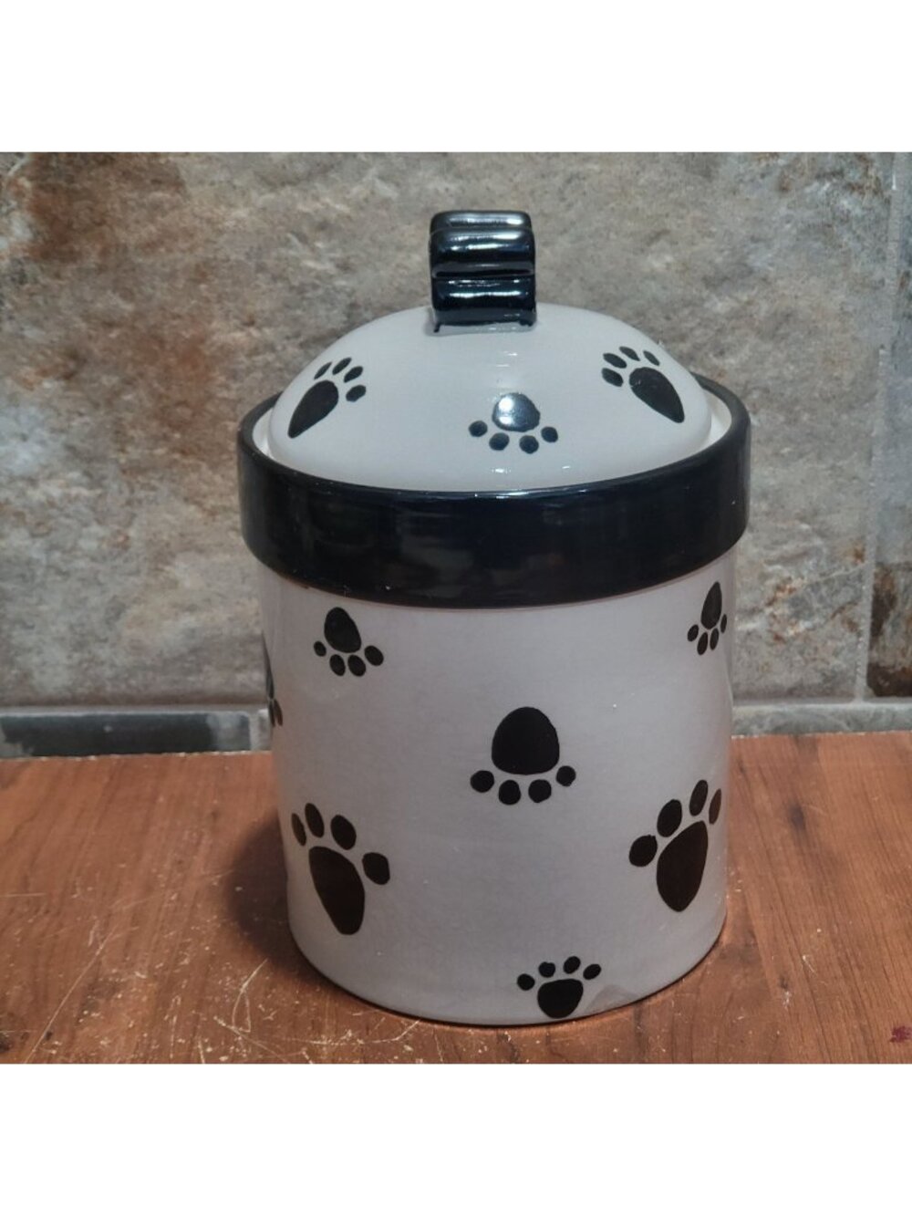 Castlemere Creations Ceramic Pet Treat Jar White Base Black Paw Print Lid Black